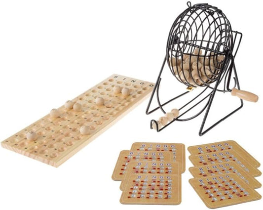 Hey! Play! Deluxe Bingo Game with Metal Ball Spinner, Wooden Bingo Balls, Wood Master Board, and Different Shutter Bingo Cards for Up to 8 Players