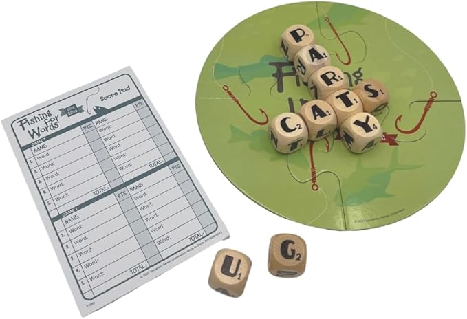 Fishing for Words, Dice Game, Word Game, Travel Game, Family Game, Bar Game, 2 to 4 players, ages 8 and up, Green