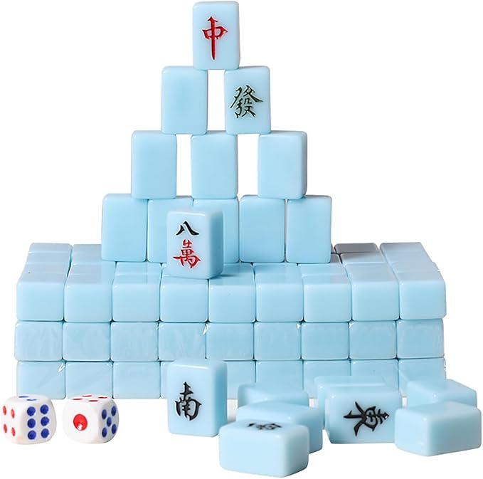VPH Travel Chinese Mahjong Set Ivory 144 Sheets with Rattan Box and Tablecloth (Light Blue)