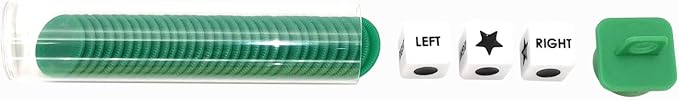 Left Right Center Dice Game Prime Set Bundle with 3 Dices + 36 Chips. Round Tube Storage is Very Convenient for Travel. Easy to Store, Carry Around. (Green)