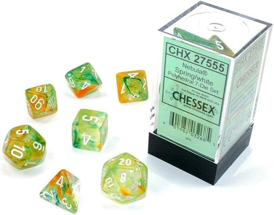 Chessex Nebula Polyhedral Dice Set Spring with White Luminary (7 dice), Various, 1 Count (Pack of 1)