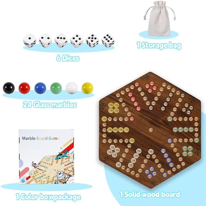 20 in Wooden Fast Track Board Game Original Wahoo Board Game for 6 and 4 Players with Marbles and Dices Burnt Color Board Marble Game(Large)