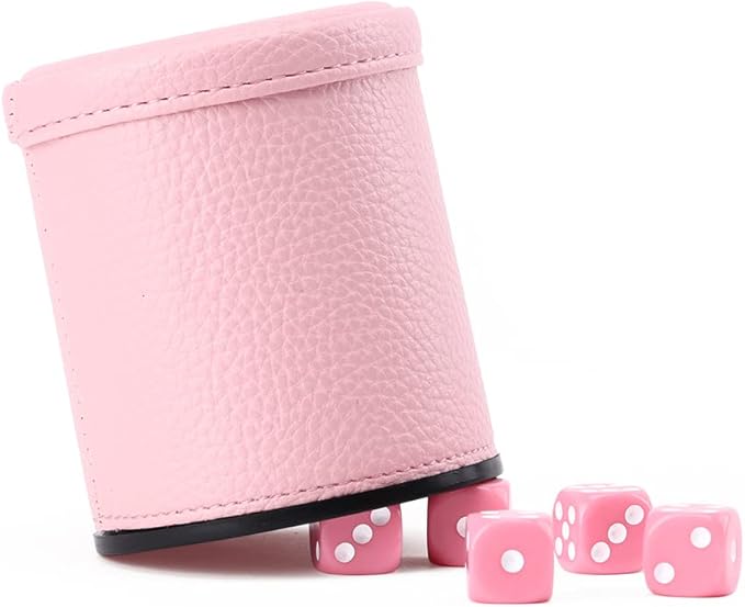 Pink Party Leather dice Cups, Including 5 Matching Pink dice - Pink Velvet Interior for Quiet Shaking - for Cheater dice Fakir Yahtzee Board Game