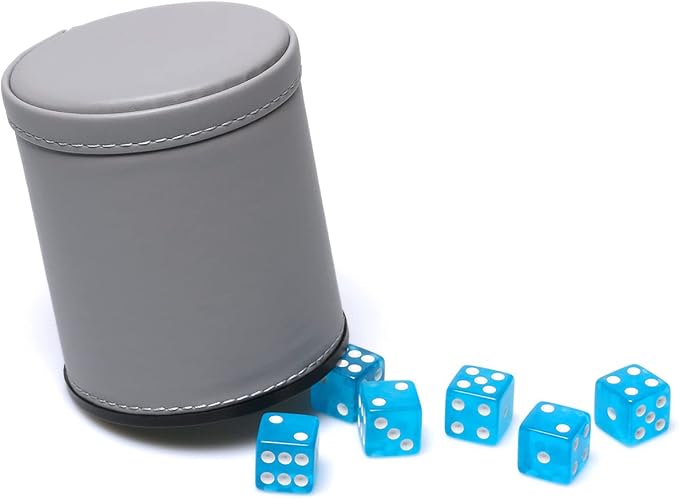 Leatherette Dice Cup Set Lake Blue Velvet Interior Quiet in Shaking with 6 Matching Translucent Dot Dice for Liars Dice Farkle Yahtzee Board Games, 1 Pack
