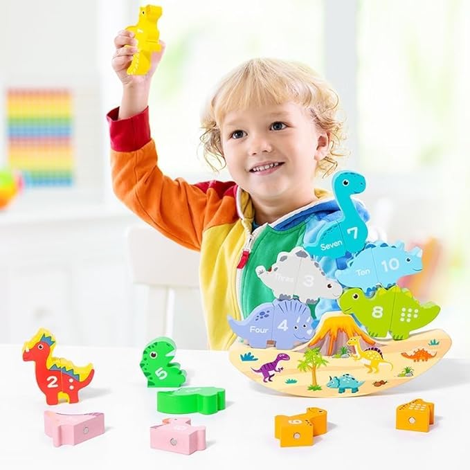 Montessori Dinosaur Stacking Toys - Magnetic Dinosaur Blocks, Matching & Sorting & Balance Board Game for Kids, Numbers 1-10 Learning Toys for 3 4 5 Year Old, Educational Gifts for Boys Girls Birthday