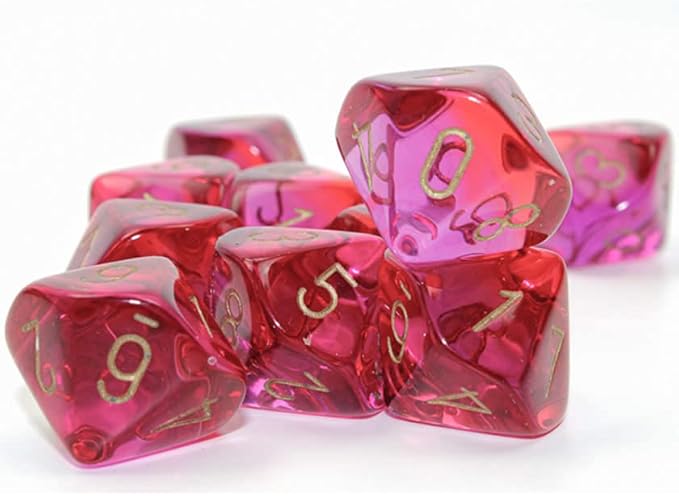 Translucent Red and Violet Gemini Dice with Gold Numbers D10 16mm (5/8in) Pack of 10 Dice Chessex