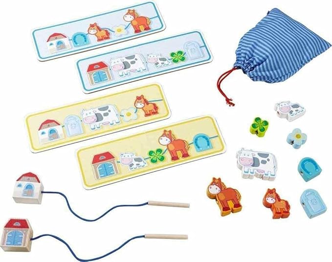 HABA On The Farm Wooden Lacing Toy & Fine Motor Skills Threading Game for Toddlers, Preschool Learning Toy for Ages 18 Months & Up with Wooden Lacing Figures & Templates – Made in Germany