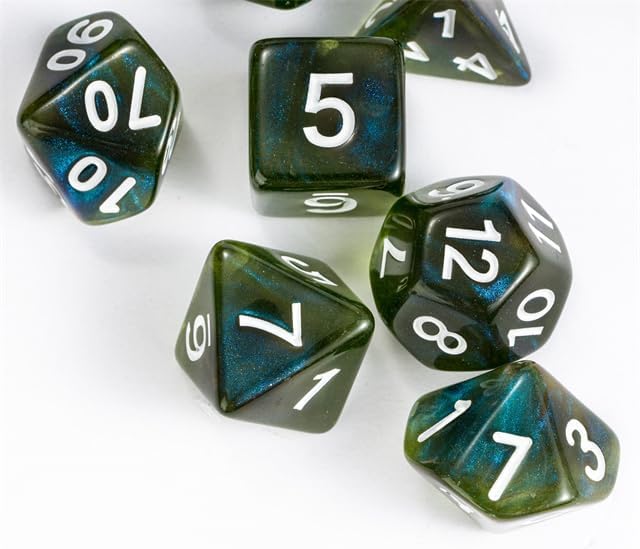 7-Die DND Dice Set Polyhedral Dice Set with a Leather Bag, D&D Dice Set for Dungeons and Dragons, RPG, MTG Table Games (T/Yellow Green)