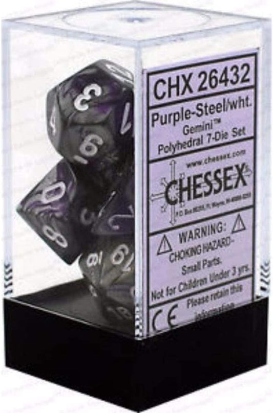 Chessex Polyhedral 7-Die Set, Gemini Purple-Steel/White