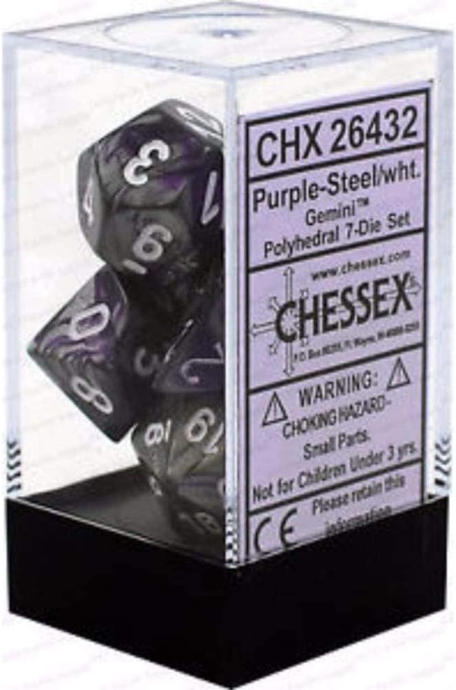 Chessex Polyhedral 7-Die Set, Gemini Purple-Steel/White