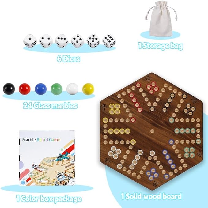 15 inches Wooden Fast Track Board Game Original Wahoo Board Game for 6 and 4 Players with Marbles and Dices Burnt Color Board Marble Game(Small)