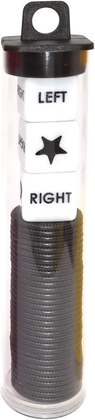 Left Right Center Dice Game Prime Set Bundle with 3 Dices + 36 Chips. Round Tube Storage is Very Convenient for Travel. Easy to Store, Carry Around. (Black)