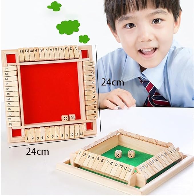 Dice Games Shut The Box Game，2PCS Red Classic 4 Sided Wooden Board Game Flip 12 Numbers Classic Tabletop Games Family Math Strategy Game for Christmas Party Classroom Home or Pub Bar