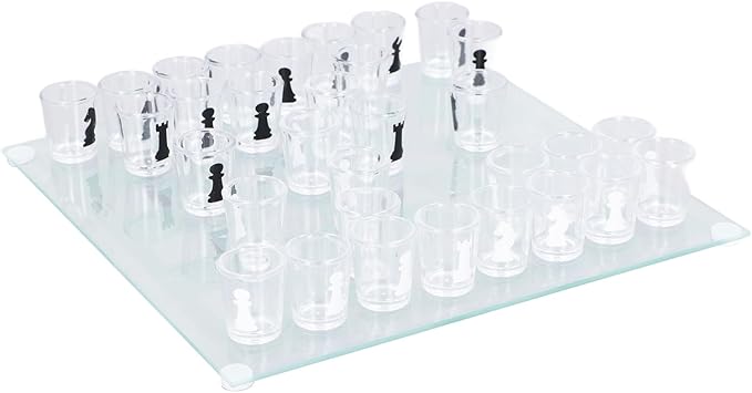 Glass Chess Game, Drinking Glass Chess Set, Chess Board with Glass Chess Pieces, for Travel for Camping