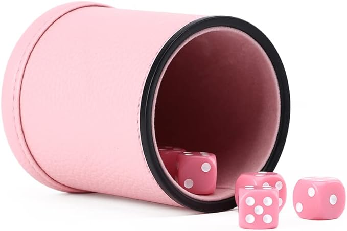 Pink Party Leather dice Cups, Including 5 Matching Pink dice - Pink Velvet Interior for Quiet Shaking - for Cheater dice Fakir Yahtzee Board Game