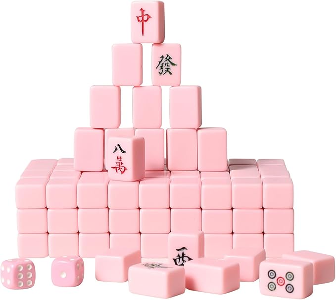 VPH Travel Chinese Mahjong Set Ivory 144 Sheets with Rattan Box and Tablecloth (Pink)