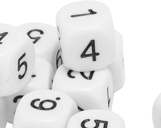 Number Dice, 20PCS Plastic 6 Sided Game Dice 16mm Round Corner Polyhedral Dice Set for Numeral Teaching Board Games (White)