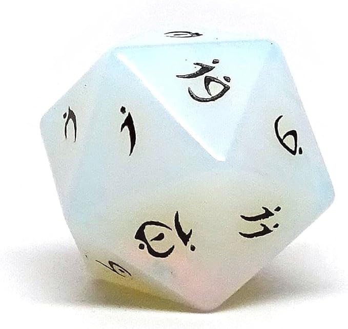 D20 Semi Precious Stone Dice with Elvenkind Font (Opalite)