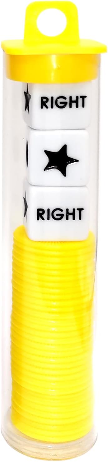 Left Right Center Dice Game Prime Set Bundle with 3 Dices + 36 Chips. Round Tube Storage is Very Convenient for Travel. Easy to Store, Carry Around. (Yellow)