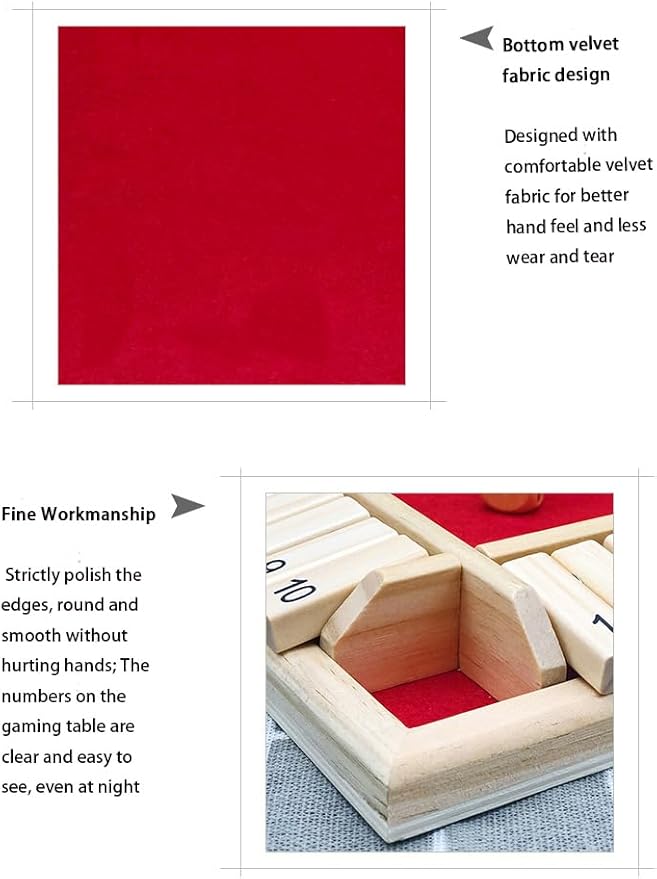Dice Games Shut The Box Game，2PCS Red Classic 4 Sided Wooden Board Game Flip 12 Numbers Classic Tabletop Games Family Math Strategy Game for Christmas Party Classroom Home or Pub Bar