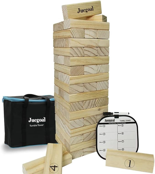 Juegoal 54 Piece Giant Tumble Tower, Wooden Block Game with Gameboard, Canvas Bag for Outdoor Yard Playing,6.9 x 6.9 x 24 Inches