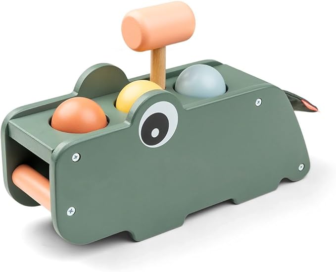 Done by Deer Hammer Board Croco Green - Wooden Activity Toy for Hand-Eye Coordination and Sense of Hearing - Green Color with Colorful Elements - Soft, Durable Fabric Flap with Crinkling Sound