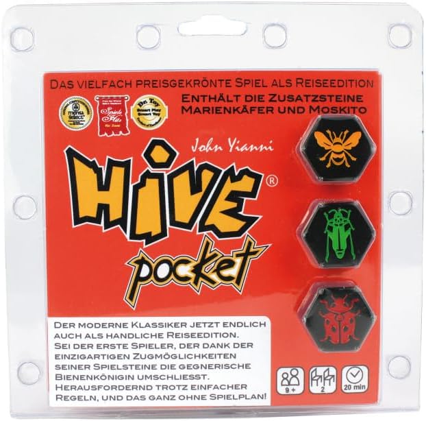 Smart Zone Games Hive Pocket Portable Strategic Board Game for 2 Players – Includes Ladybug & Mosquito Expansions – Compact Travel Version of The Award-Winning Hive Game