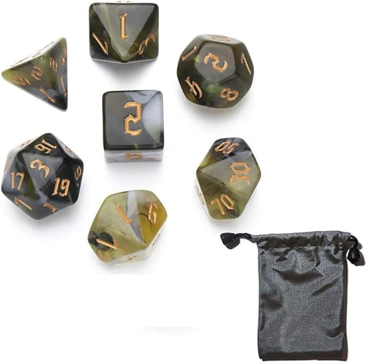 7pcs/Set D4 D6 D8 D10 D12 D20 Dichromatic Polyhedral Dices for Beginner Role Playing Game D&D Dice Set Party Table Board Game Supplies，with A Silver Pouch(YellowBlack)