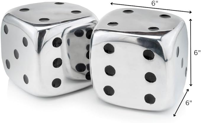 Modern Day Accents 4104 Dados Decorative Dice, Silver with Black Dots, Vegas Decor, Man Cave, Bar Decor Tabletop, Centerpiece, Sculpture, 6", Set of 2