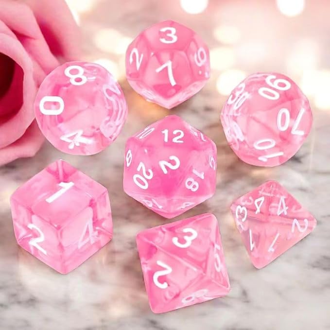DND Polyhedral Dice Set with a Black Dice Bag for D&D RPG MTG Role Playing Table Games RPG Polyhedral Dice for Dungeon and Dragons Playing Games 7-Die Set (Pink Transparent Dice)
