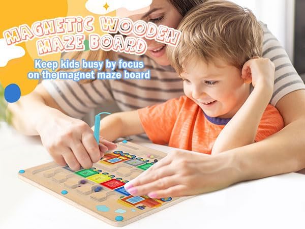 Syahro Magnetic Color and Number Maze Toy, Wooden Magnet Balls Puzzles Board, Fine Motor Skills Toddler Activities, Montessori Gift for Boys Girls 3-5 Years Old, Preschool Busy Board for Kids