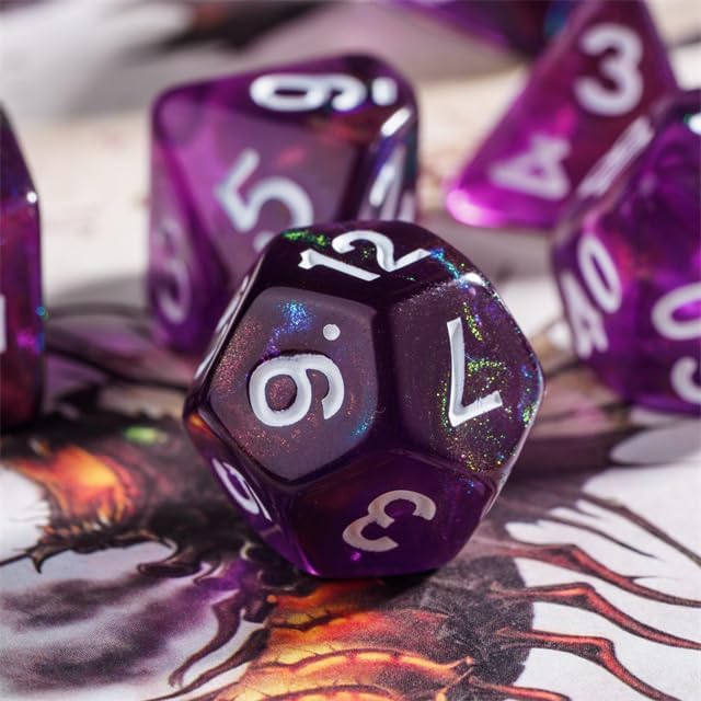 7-Die DND Dice Set Polyhedral Dice Set with a Leather Bag, D&D Dice Set for Dungeons and Dragons, RPG, MTG Table Games (T/Purple)