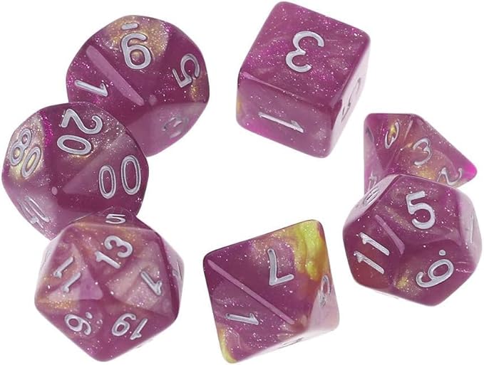 7Pcs/Set Purple Dichromatic D4 D6 D8 D10 D12 D20 Polyhedral Dices Numbers Dials Desktop Board Game Dice Bags with Drawstring Role Playing Dice Dice and Accessories