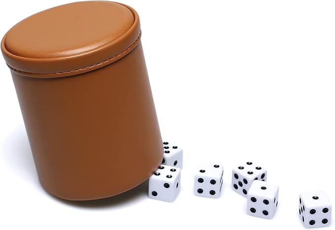 Leatherette Dice Cup Set, Camel Leather and Beige Velvet Interior Professional Dice Cup with 6 Black Dot Dice for Liars Dice Farkle Yahtzee Board Games, 1 Pack