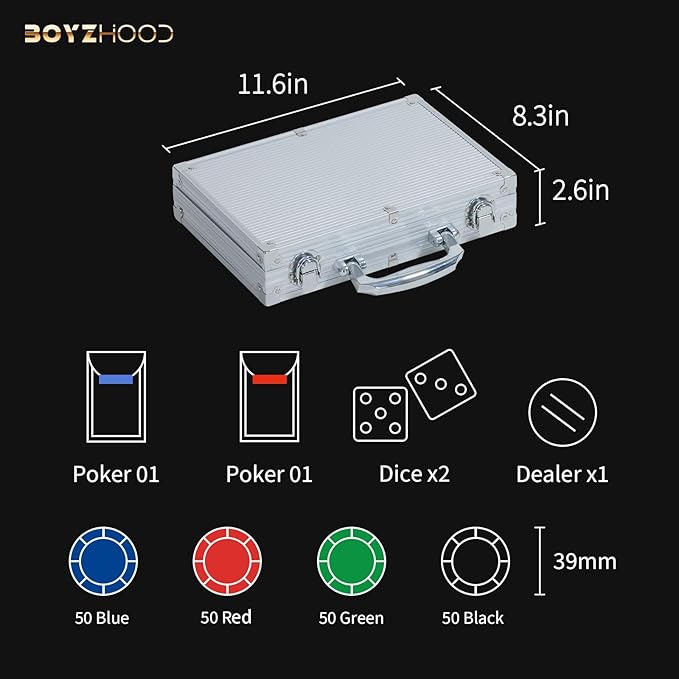 Boyzhood Poker Chips,200Pcs Poker Set with Aluminum Travel Case,11.5 Gram Poker Chips Set for Texas Holdem Blackjack Gambling