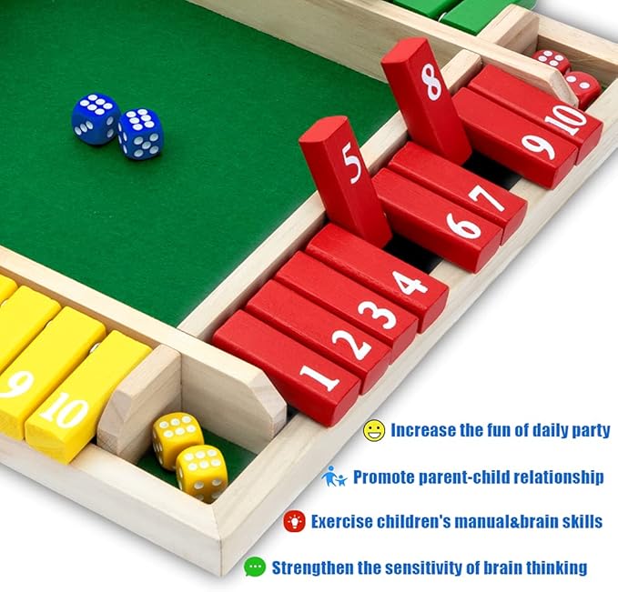 Shut The Box Game, 12 Inches Family Wooden Board Table Math Dice Games for Adults and Kids, 2-4 Player Classics Tabletop Version Games for Classroom,Home,Party or Pub