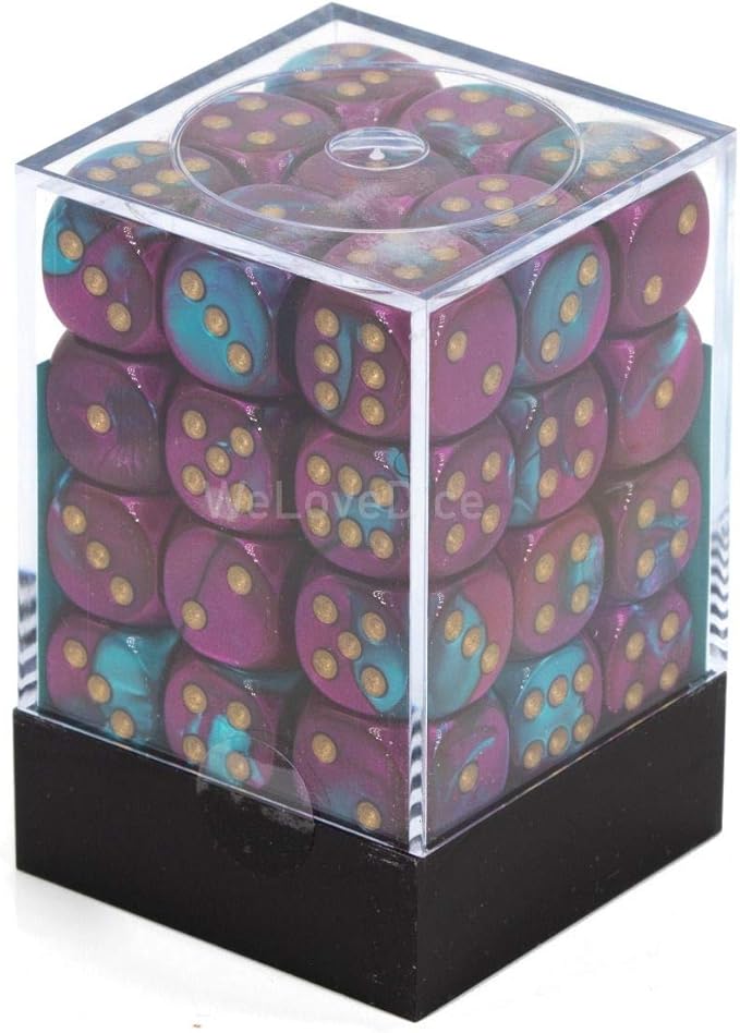Chessex Dice D6 Sets: Gemini Purple & Teal with Gold - 12Mm Six Sided Die (36) Block of Dice