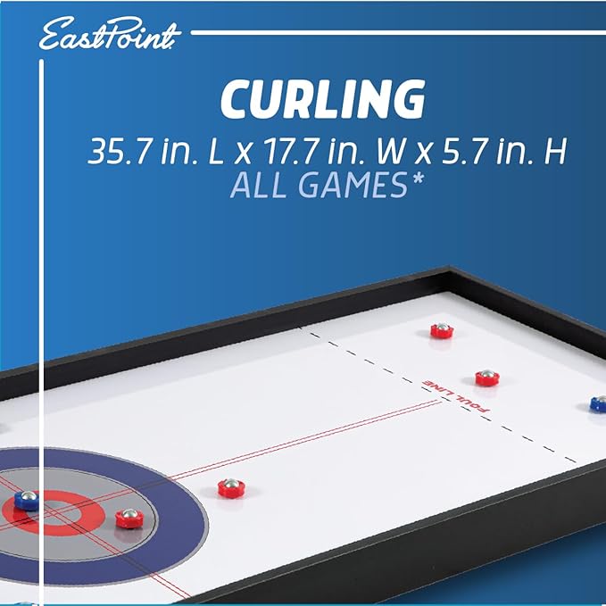EastPoint 4-in-1 Tabletop Game Set: Play Puck Battle, Air Hockey, Curling, and Shuffleboard - Fun Gift for Friends and Family
