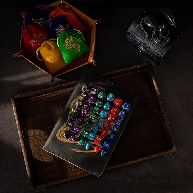 6 Sets DND Dice Polyhedral Dungeons and Dragons Rolling Dice for RPG MTG Table Games with Free Six Drawstring Bags and PU Leather D&D Dice Tray (Single with Brown Tray)