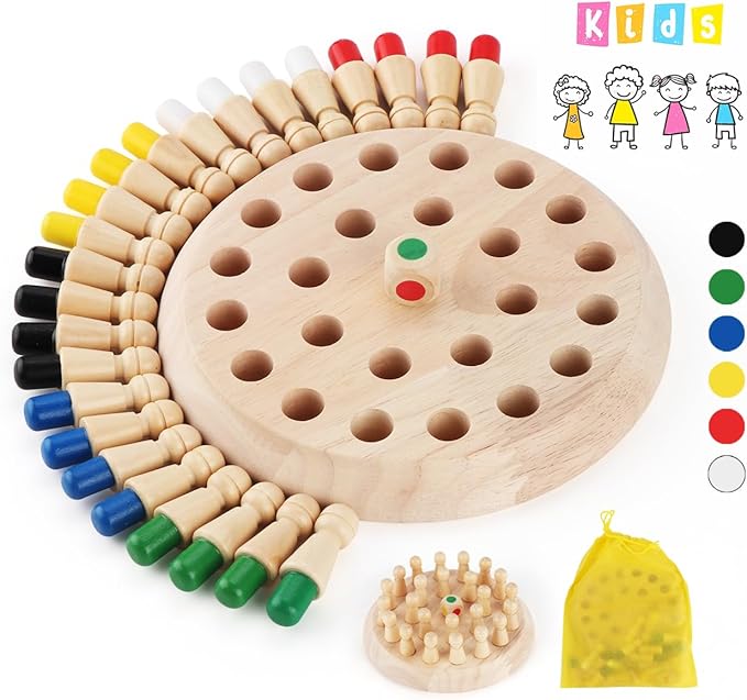 Memory Game, Wood Memory Games for Kids Ages 4-8, Board Games for Family Interaction, Matching Games for Toddlers, Color Memory Wooden Chess Board, Birthday Gift for Kids
