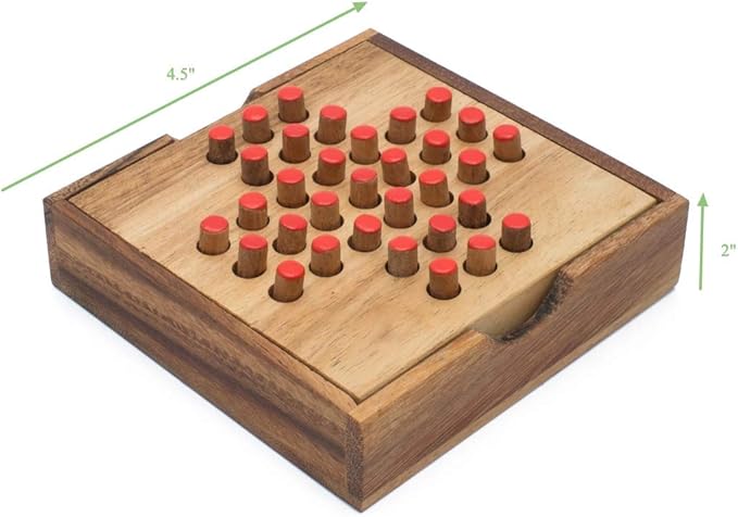 Wood Solitaire Game Classic Peg Solitaire Board Premium Wooden Design Single Player Brain Teaser Strategy Puzzle for Brain Training Tabletop Indoor (Jump All but one)
