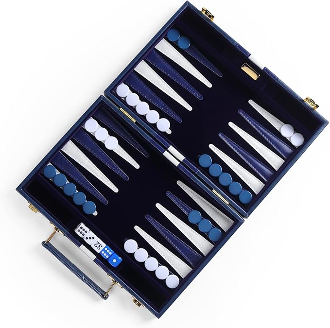 Travel Small 11 Inch Backgammon Blue Sets Classic Board Game with Premium Leather Case, Portable Travels Strategy Backgammon Game Set for Adults, Kids (Blue, Small)