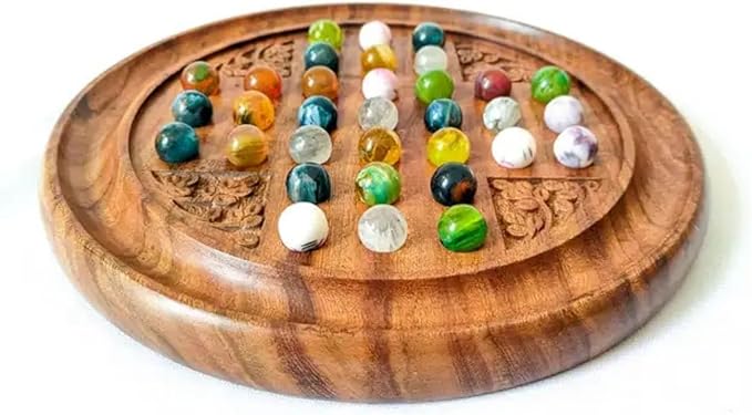 Acacia Wood Solitaire Handmade Board Game | with Multi Color Marble Balls Vintage Indian Design Game for Senior Adult Play Table Home Decor Wooden Game