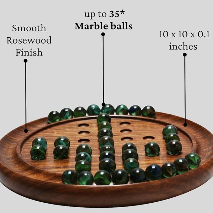 Wooden Solitaire Board Game – 10-Inch Marble Strategy Board with 33 Balls – Classic Solo Game for Adults & Family