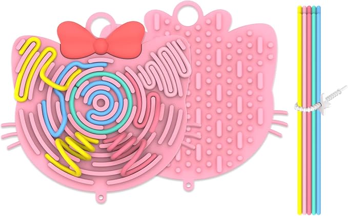 Silicone Sensory Activity Board,Double-Sided Busy Board for Fine Motor Skill,Fidget Toy for Calming, Stress, Anxiety, ADHD , Autism , Silent, No Mess , Kids 3+ & Adults(Cat,Pink)