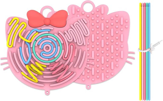 Silicone Sensory Activity Board,Double-Sided Busy Board for Fine Motor Skill,Fidget Toy for Calming, Stress, Anxiety, ADHD , Autism , Silent, No Mess , Kids 3+ & Adults(Cat,Pink)