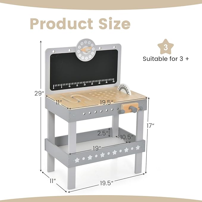 INFANS Tool Bench Set for Toddlers, Kids Wooden Workbench with Blackboard Construction Building Tools and 62 Accessories, Creative Realistic Pretend Play Workshop Gift for Boys Girls