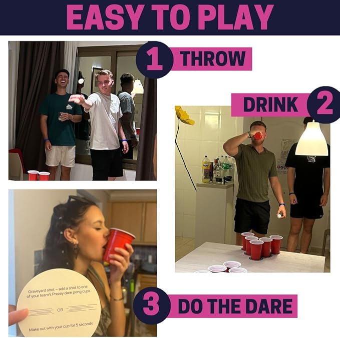 Dare Pong - Drinking Game for Adults, Bachelorette Party Games, Adult Party Games - Full Beer Pong Set and 50 Coasters with Dares - Perfect for White Elephant Gifts for Adults, Couples Games
