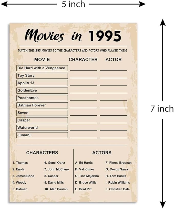 QUPT 30th Birthday Party Games, Movies in 1995 Games, Birthday Party Supplies for Adults, Fun 1995s Party Game，Pack of 30 Cards