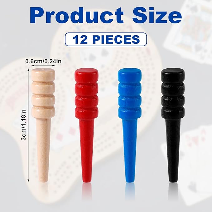 12pcs Cribbage Pegs, Wooden Cribbage Board Pegs Fit 1/8 Inch Holes Crib Pins Cribbage Accessories for Traditional Cribbage Board Game (Red, Black, Wood, Blue)